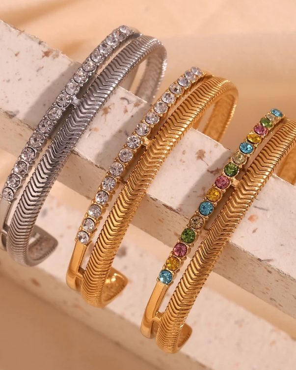 18K Gold Plated Crystal Rhinestone Cuff Bangles For Women