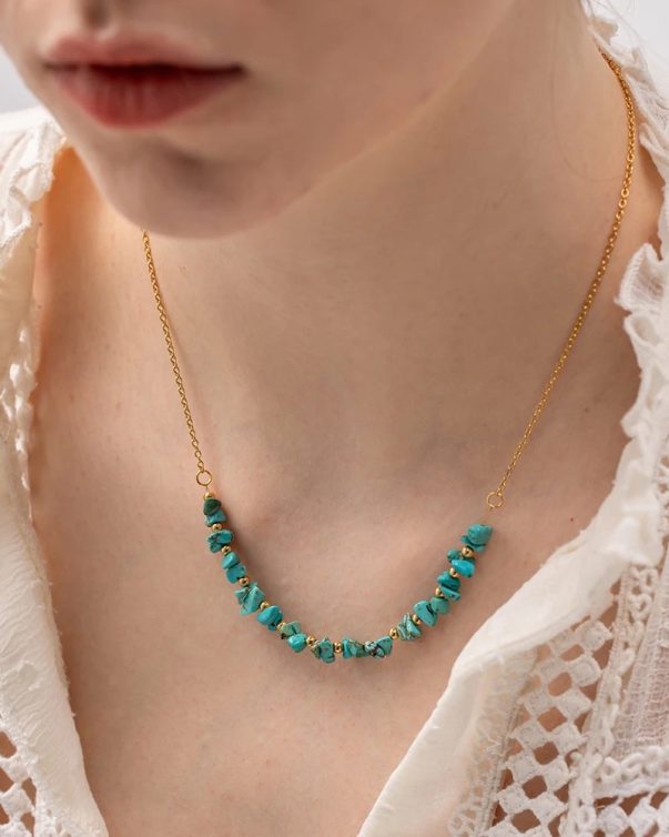 18K Gold Plated Stainless Steel Natural Gemstone Green Turquoise Necklace