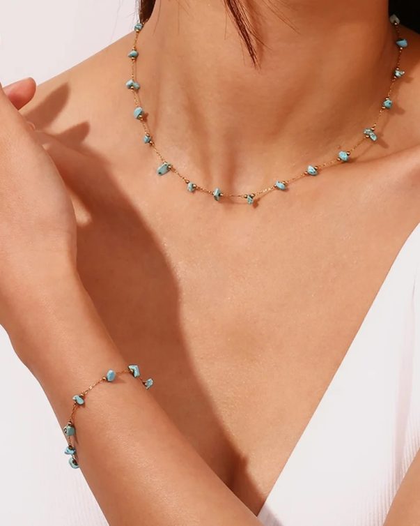 Turquoise Choker Gemstone Beaded Gold Plated Necklace Stainless Steel Jewelry Valentines Day Gift 2024