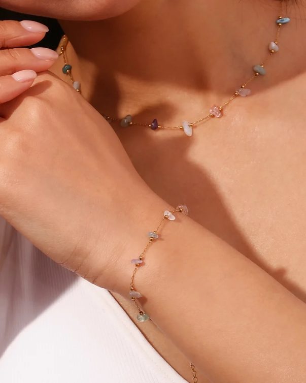 18K Gold Plated Stainless Steel Handmade Pearl Nature Stone Beaded  Bracelet & Necklace Sets