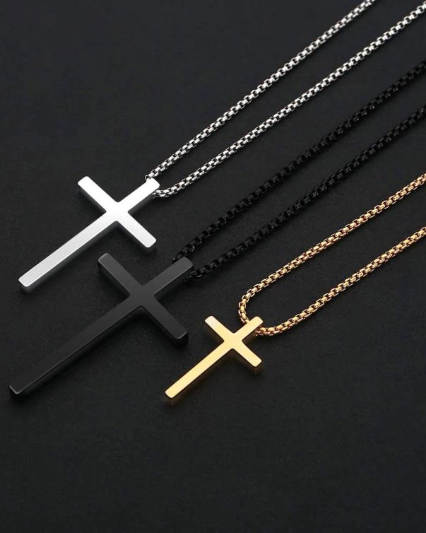 18K Gold Plated Stainless Steel Cross Pendant Chain Necklace for Men Box Chain
