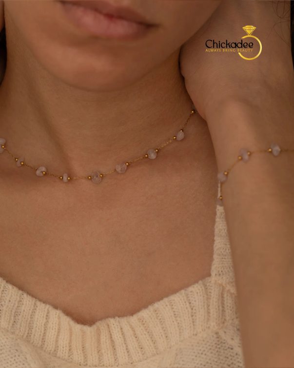 18K Gold Plated Stainless Steel Handmade Pearl Nature Stone Beaded  Bracelet & Necklace Sets style2