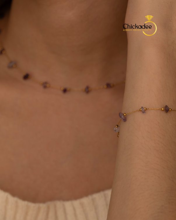 18K Gold Plated Stainless Steel Purple Crystal Choker Necklace Bracelet