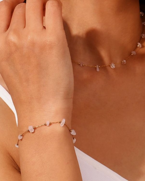 18K Gold Plated Stainless Steel Handmade Pearl Nature Stone Beaded  Bracelet & Necklace Sets style2