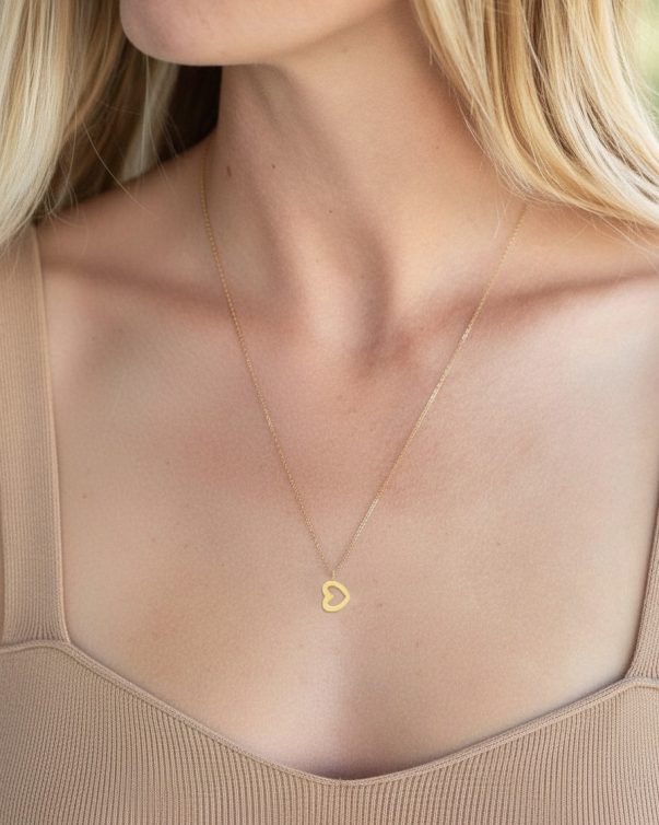 18K Gold Plated Stainless Steel Simple Hollow Sideways Gold Heart Necklace