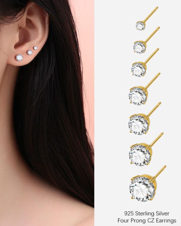 Gold Cubic Zirconia Four Prong Claw Stud Earrings