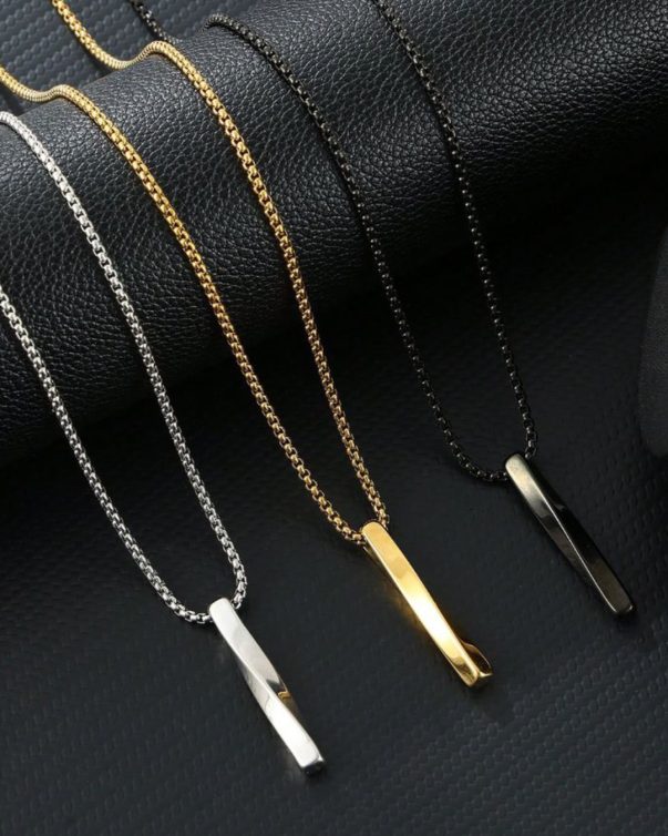 Waterproof Stainless Steel Twisted Vertical Bar Pendant Necklace