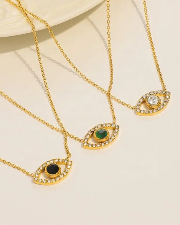 18k Gold Plated Stainless Steel Eye of the Devil Pendant Necklaces- white