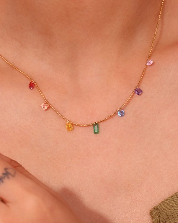 18K Gold Plated Stainless Steel Colorful Rainbow Zircon Dangle Charm Necklace