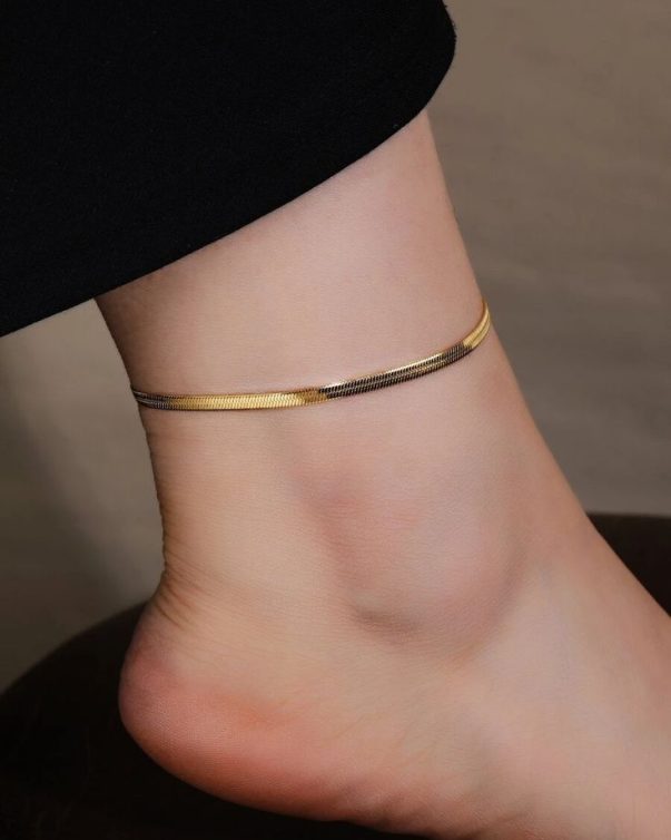 18k Gold Plated Stainless Steel Snake Bone Chain Anklet- 21+ 5 cm