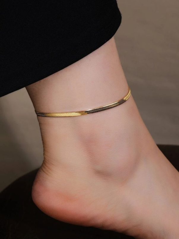 18k Gold Plated Stainless Steel Snake Bone Chain Anklet- 21+ 5 cm