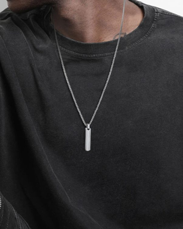Silver Stainless Steel Vertical Bar Pendant Necklaces