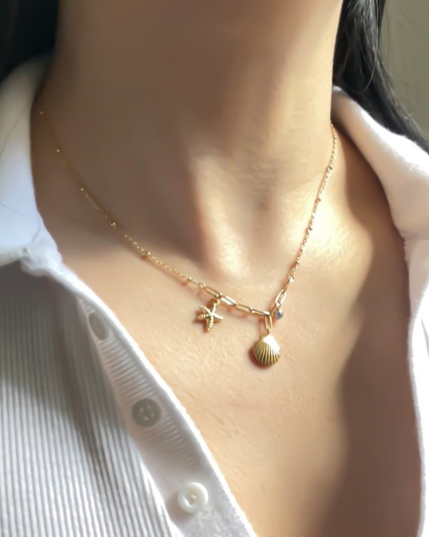 18K Gold Plated Stainless Steel Shell Beach Starfish Pendant Necklace
