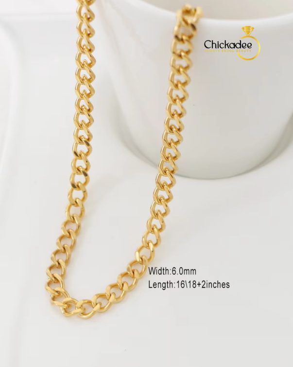 18k Gold Plated Stainless Steel 6mm Cuban Link Gold Chain - 24inches