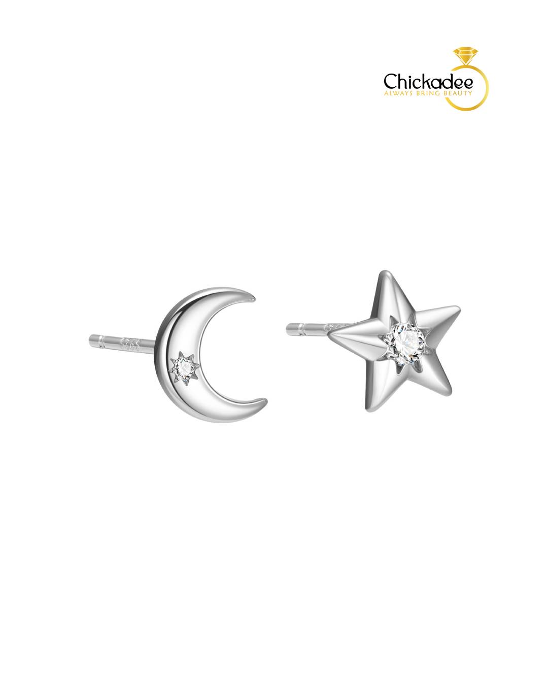 925 Sterling Silver Earrings Set Small CZ Star Moon Minimalist Stud- Silver
