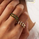 18K Gold Plated Stainless Steel Leaf-shaped Inlaid White and Green Zircon Rings- Adjustable
