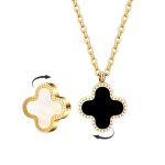 18K Gold Plated Stainless Steel Lucky 4 Leaf Clover Necklace- black/white,