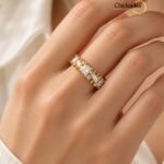 18K Gold plated Stainless Steel Micro Inlaid Zirconia Baguette Rings size 6