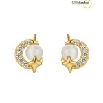 925 Sterling Silver Cubic Zirconia Shell Pearl Gold Simple Stud Set Star Moon Earrings