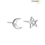925 Sterling Silver Earrings Set Small CZ Star Moon Minimalist Stud- Silver