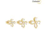 925 Sterling Silver Gold Plated 3 Set Simple Water Shape Four Leaf Clover Zircon Stud Earrings