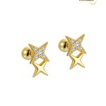 925 Sterling Silver Gold Plated Tiny Skeleton Pentagram Minimalist Screw Back Earrings