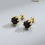 925 Sterling Silver Large Crown Set Cz Korean Screw Back Earrings- 4mm
