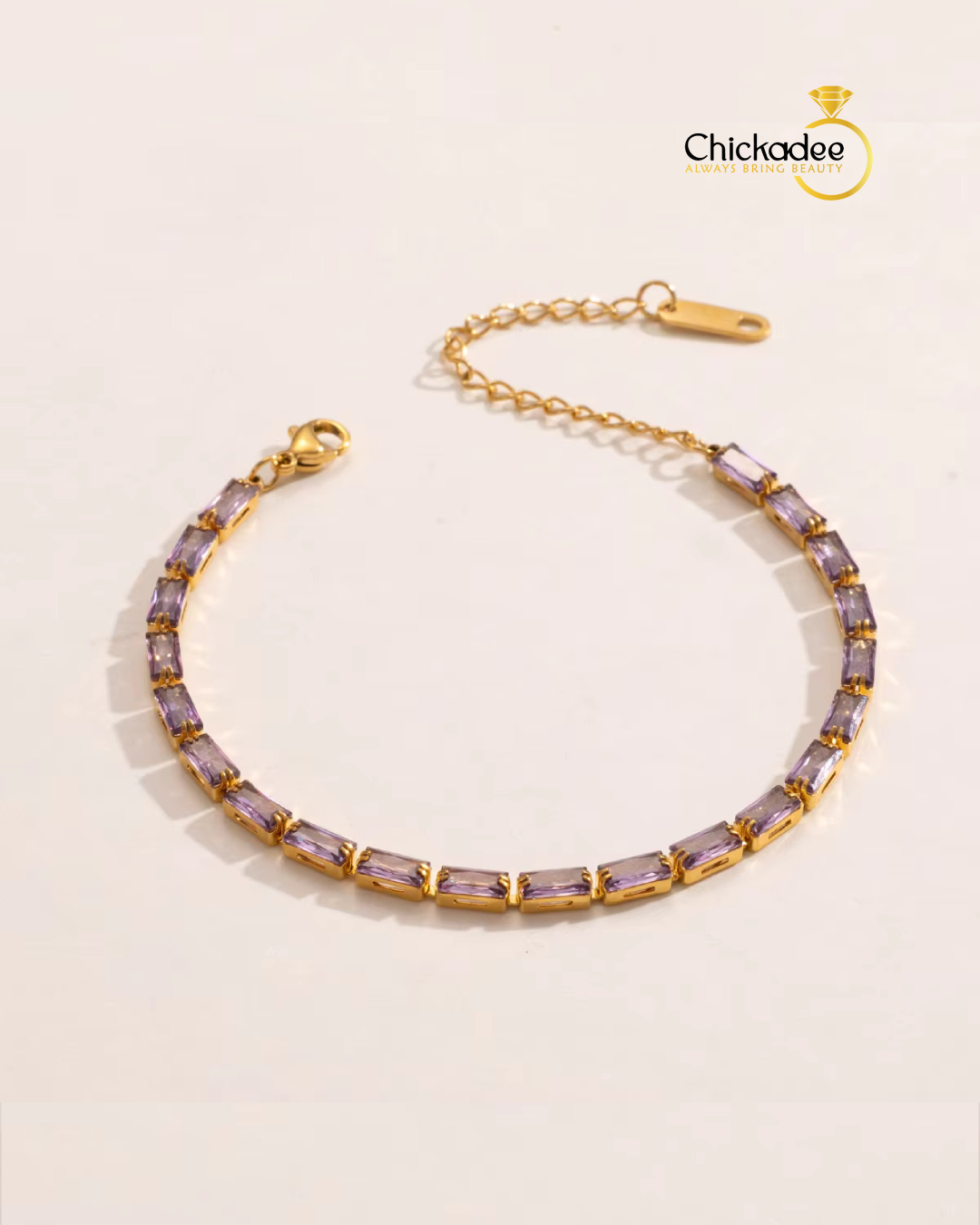 Luxury Baguette Birthstone Cubic Zirconia Bracelet- purple