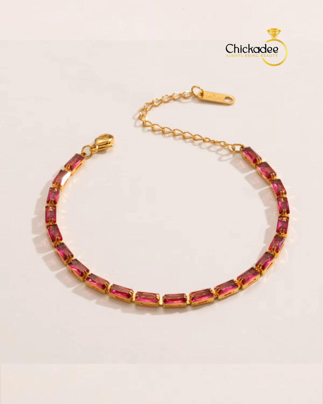 Luxury Baguette Birthstone Cubic Zirconia Bracelet- Red