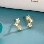 925 Sterling Silver Star Stud Bezel CZ Cute Three Stars Earrings Set