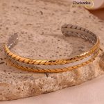 Braid Textured Gold-Plated Two-Tone Silver Color Metal Cuff