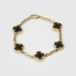 18k gold plated Stainless Steel Onyx Clover Stone Bracelet (Gold)