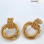 Gold Tone Interlinked Hoop Doorknocker Earrings Circle