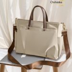 Large Capacity Nylon Oxford Patch Faux Leather Tote Bag- Elegant Almond