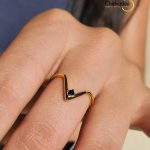 18K Gold Plated Thin Finger Black Zircon V Shaped Letter Gold Ring